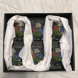 Set of 6 Bockling hand painted floral shot glasses w/ gold rim